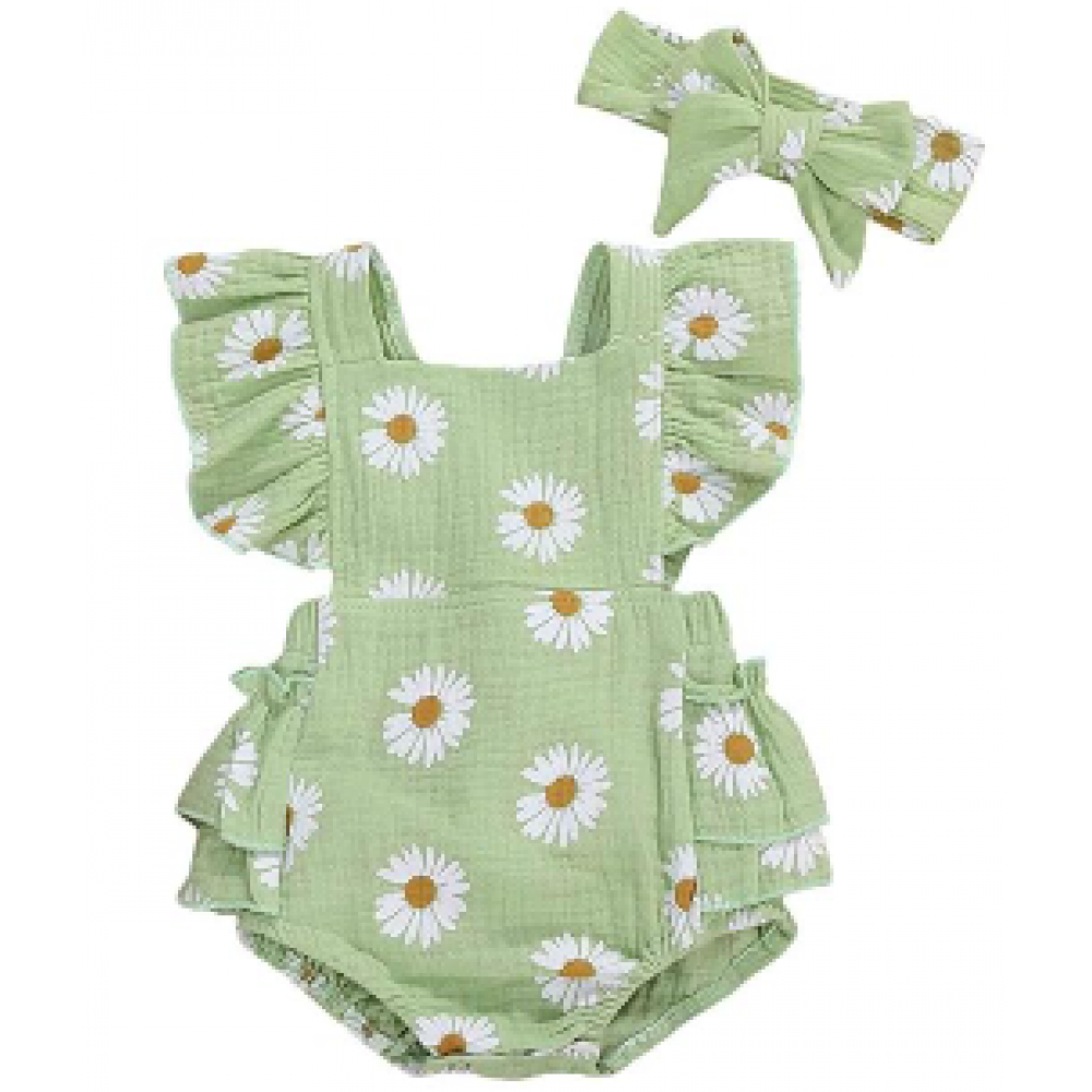 Baby Girl Cotton Daisy Floral Ruffle Sleeve with Headband